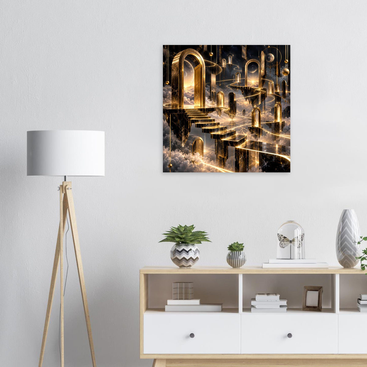 Poster zeigt dunkle Architektur mit goldenen Säulen, Treppe und leuchtenden Akzenten