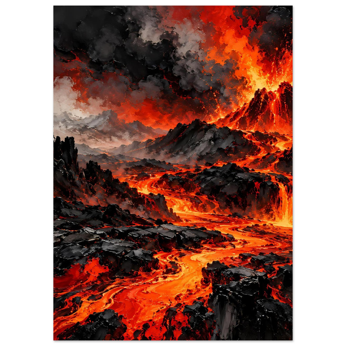 Vertikales Vulkan-Ausbruch Poster mit Lava-Tal, Rauchwolken und brennendem Vulkan am Rand