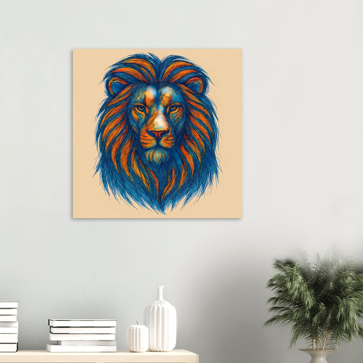 Löwenkopf-Pop-Art-Poster mit blau-orangener Löwenmähne auf beigem Hintergrund