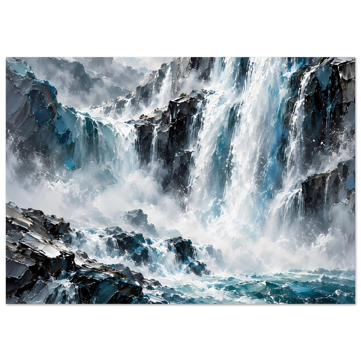 Wasserfall-Poster mit Felsen und Meereswellen in Blau-Grau, Querformat