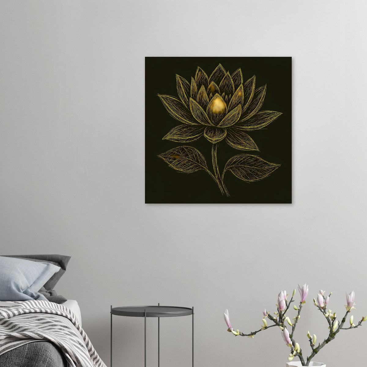 Kleines Poster mit goldener Lotusblüte und Blättern auf dunklem Hintergrund
