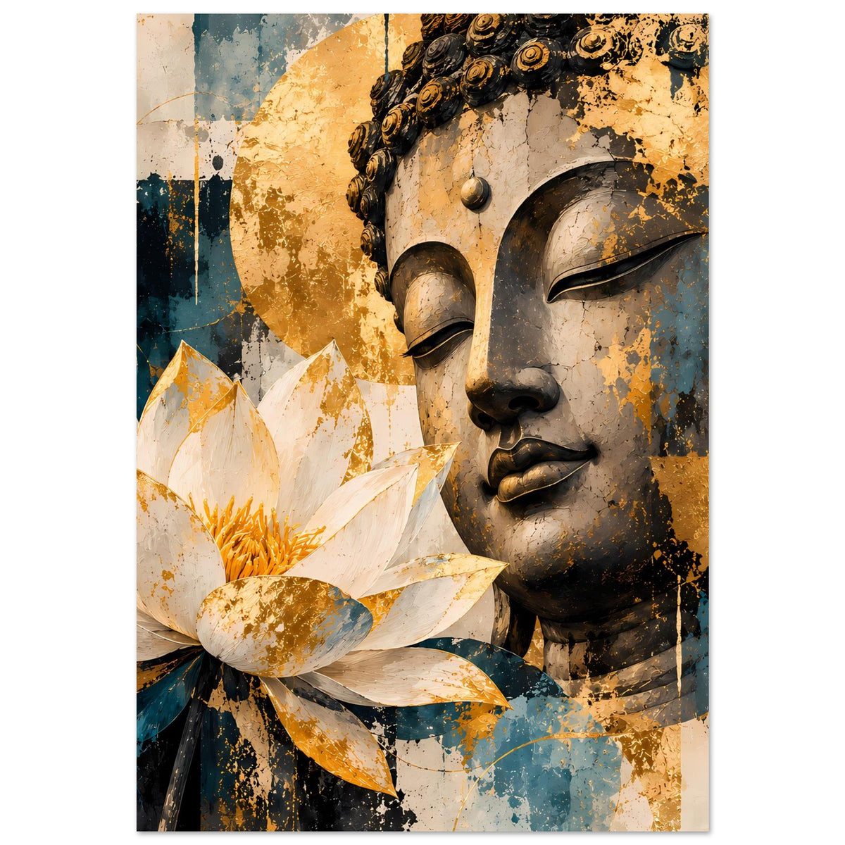 Buddha-Poster mit Lotusblüte im Vordergrund, gold-weißes Motiv und türkisfarbene Linien, vertikal.