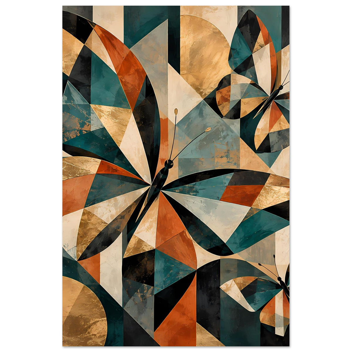 Gerahmtes Kunstposter mit geometrischen Schmetterlingen in warmen Erdtönen, beige, orange und dunkelgrün