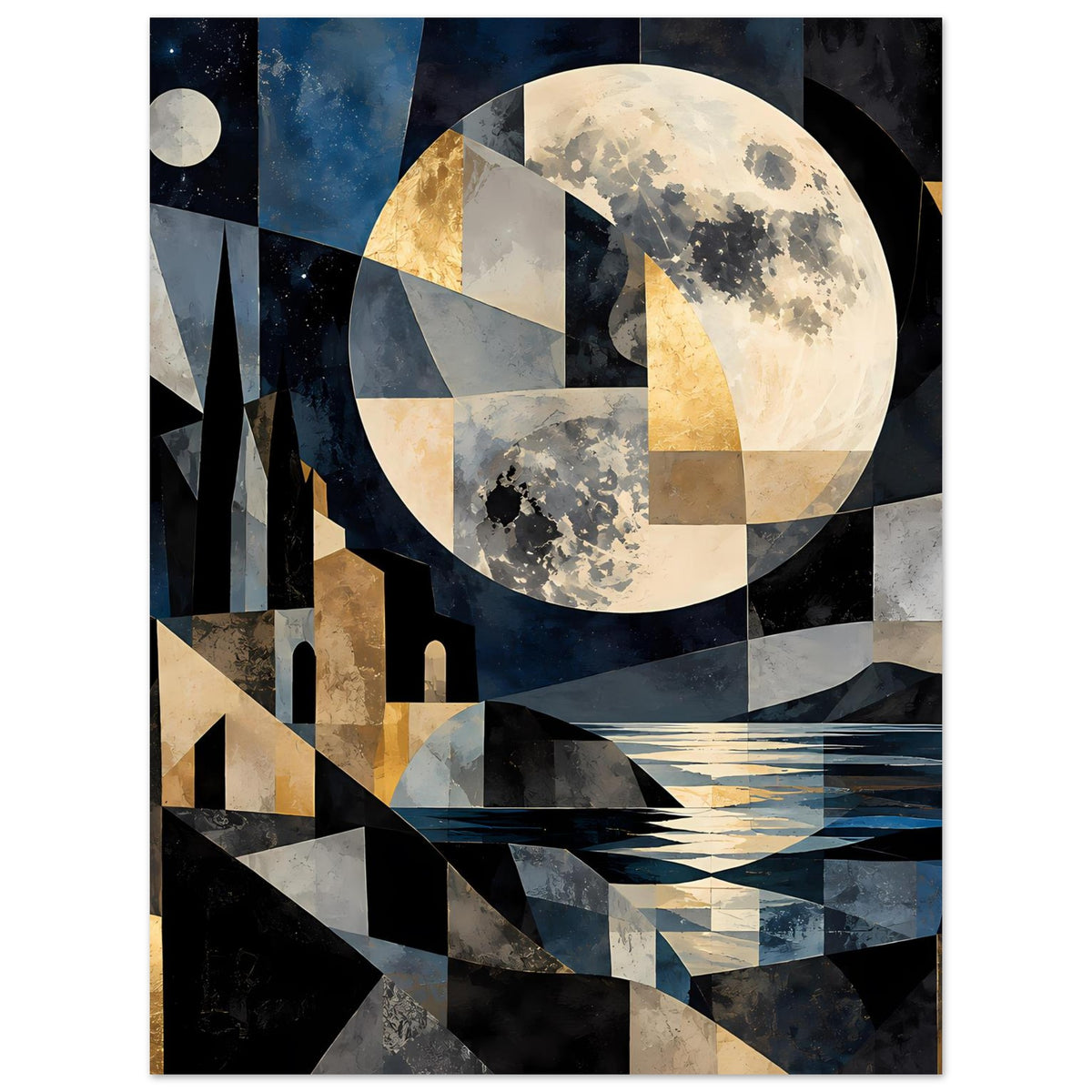 Geometrisches Wandposter mit Mond, Wolkenflecken und Wasserfläche, Blau, Gold, Schwarz, Hochformat