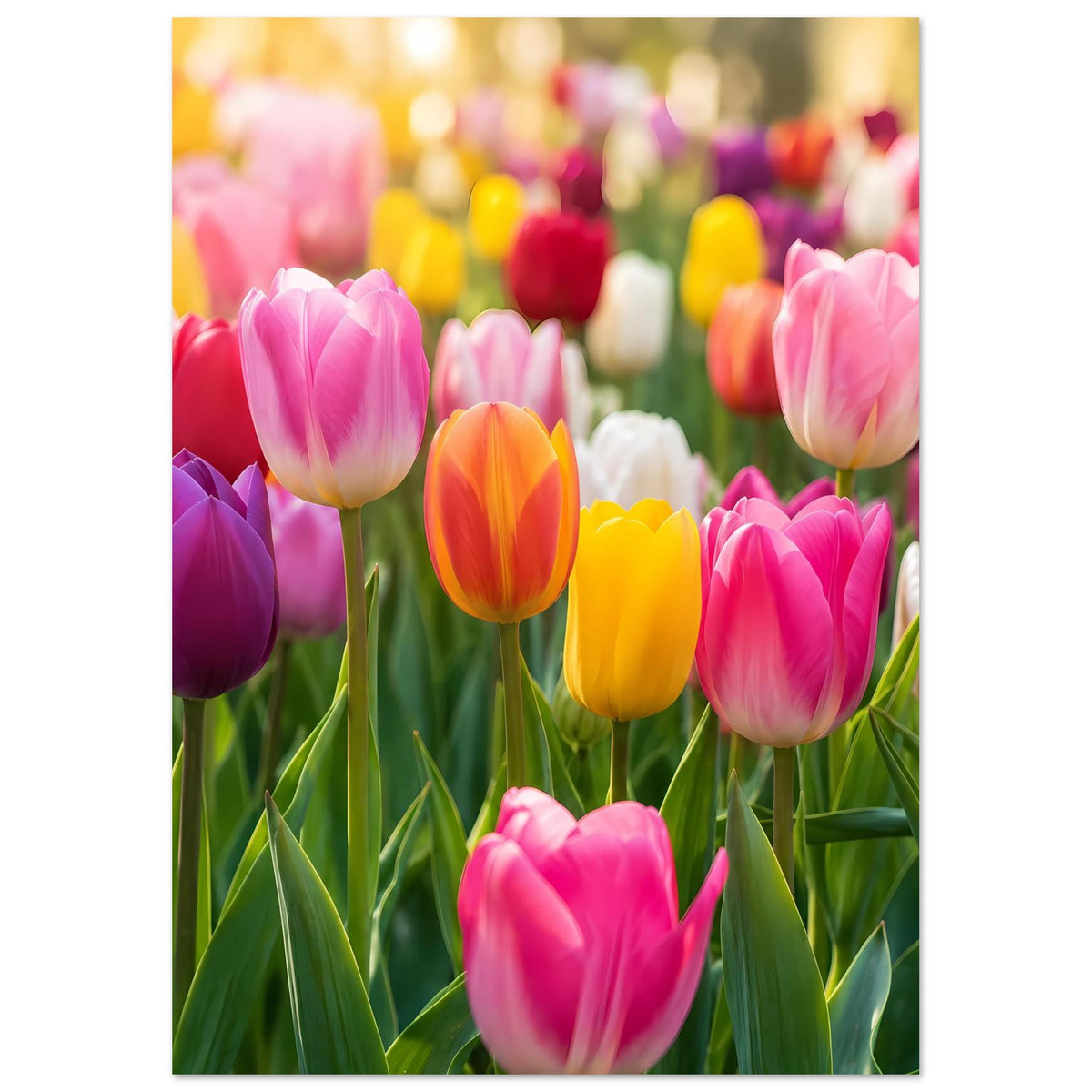 Tulpen-Blumenposter im Hochformat mit pinken und violetten Tulpen sowie orangefarbener Blüte