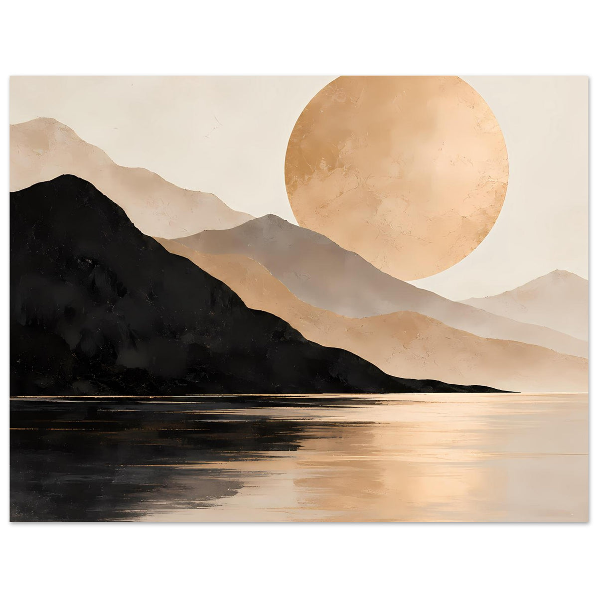Poster mit Berglandschaft: große goldene Sonne, Seeufer und Reflexionen in warmen Farbtönen.
