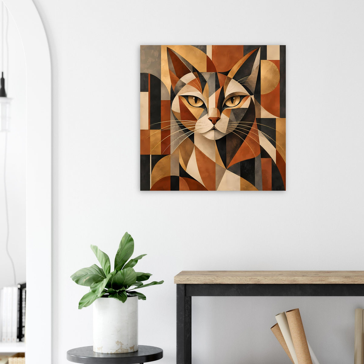 Quadratisches Wandposter: geometrisches Katzenporträt in warmen Braun- und Beigetönen