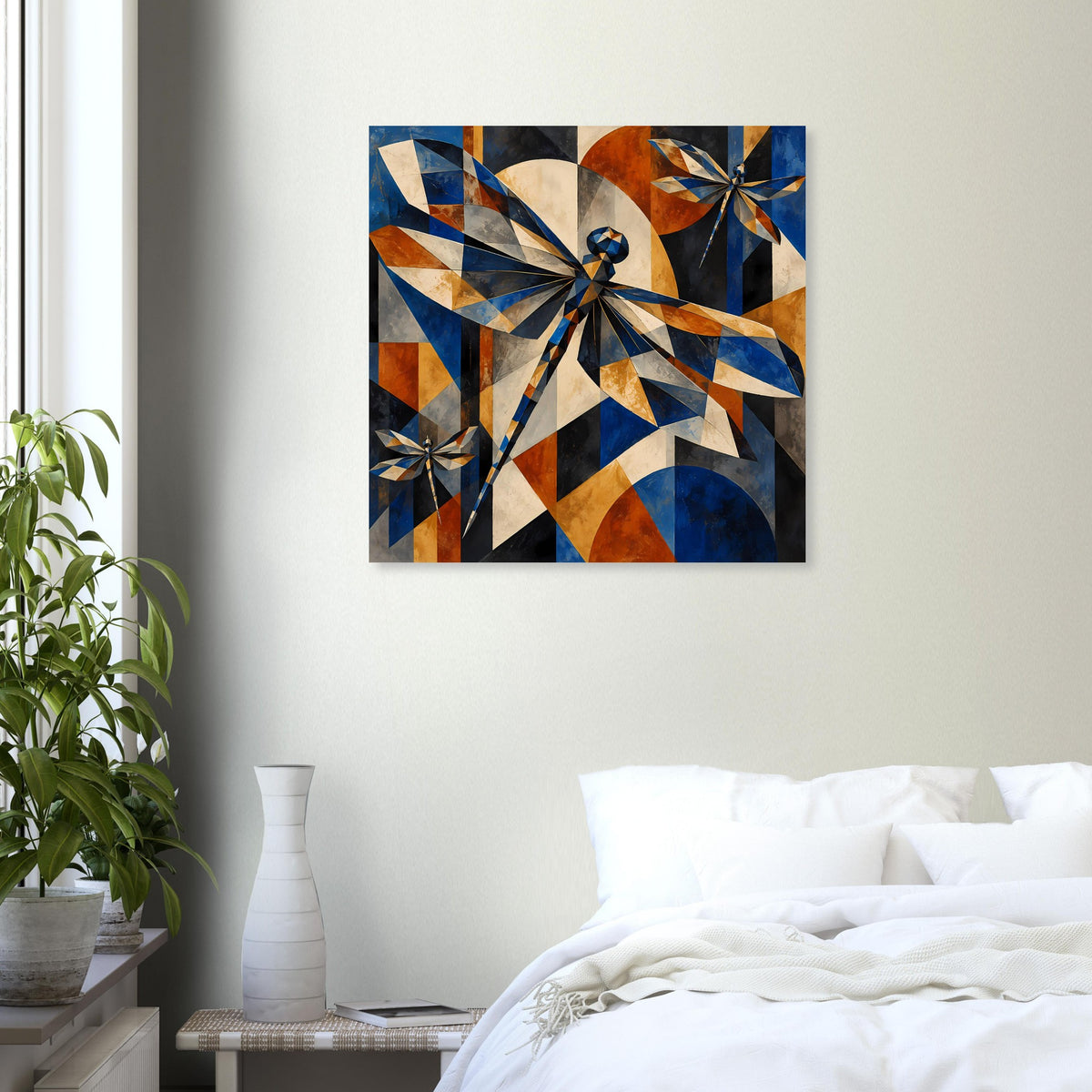 Kunstposter mit geometrischen Libellen-Motiven in Blau und Kupfer, mittig