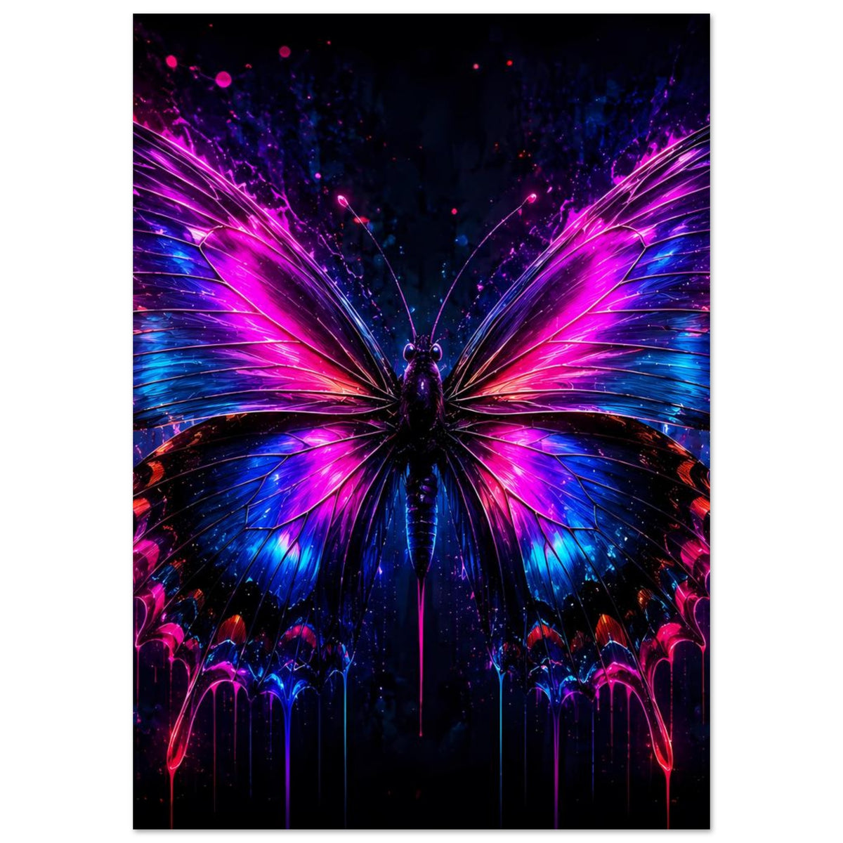 Neon-Schmetterlingsposter mit leuchtenden Flügeln in Magenta und Blau, dunkler Hintergrund, vertikal