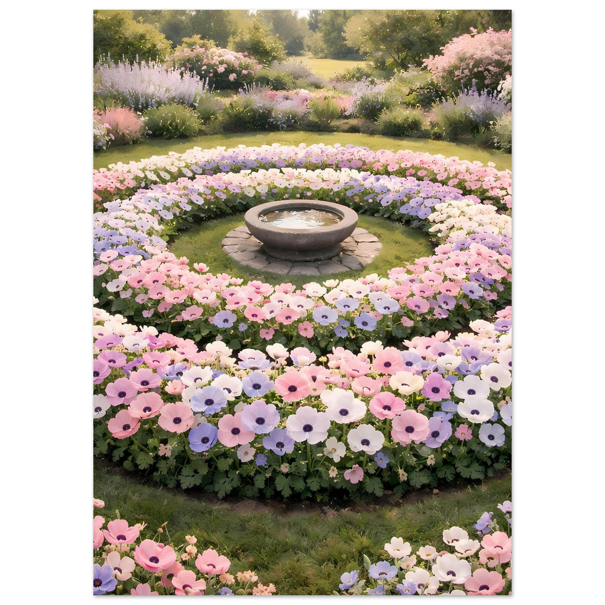 Vertikales Poster mit kreisförmigem Blumenbeet, rosa und lila Blüten mit Schale