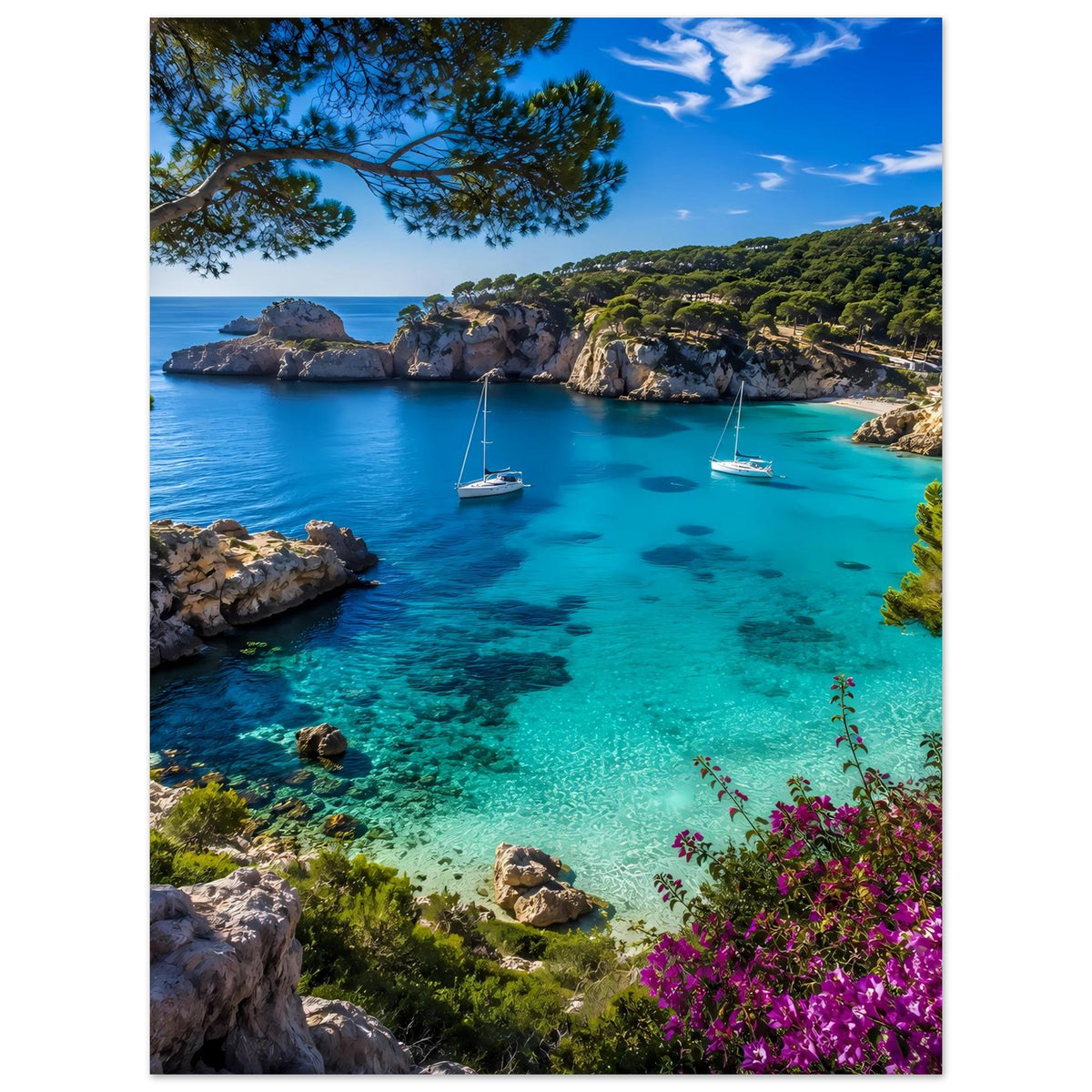 Küstenposter (hochkant): türkises Wasser mit Segelbooten, Küstenfelsen, Pinienzweige, pinke Blüten.