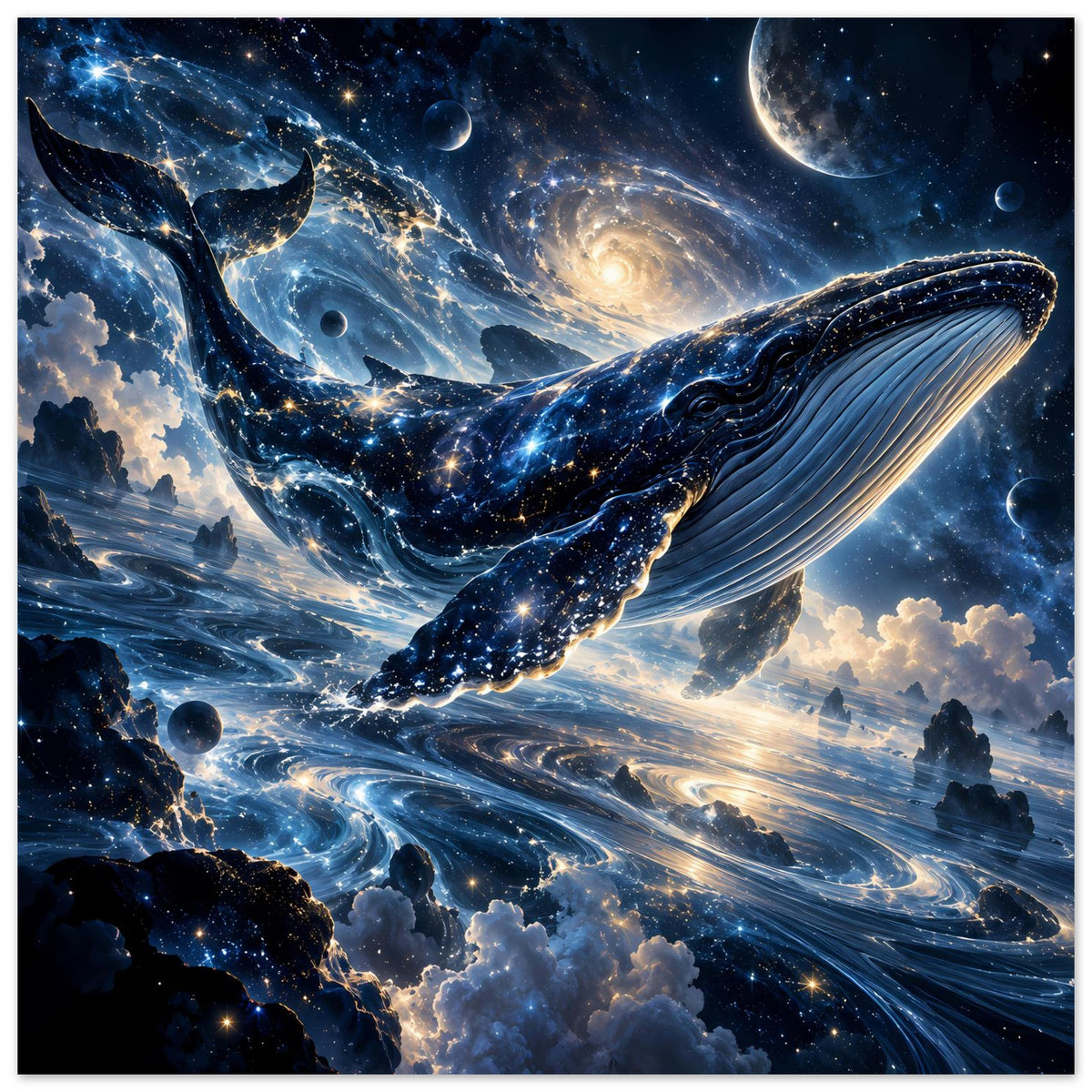 Kosmisches Poster: galaktischer Wal im Sternenmeer, klare Silhouette und leuchtende Umlaufbahnen.