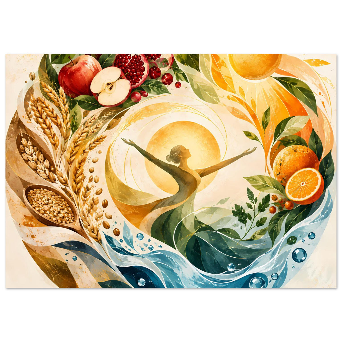 Poster mit Sonne, Wasserwellen und Blattkranz; Getreideähren links, Früchte rechts