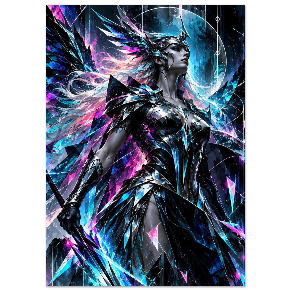 Neon-Valkyrie-Poster im Hochformat, Kriegerin mit silberner Rüstung und Blau-Pink-Glanz