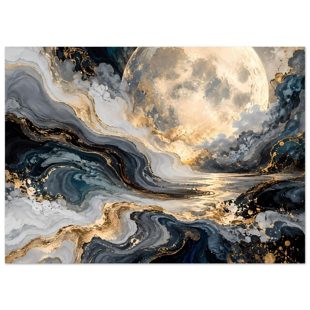 Querformat-Poster mit Mond, goldenen Sprenkeln und swirligem Marmormuster in Blau