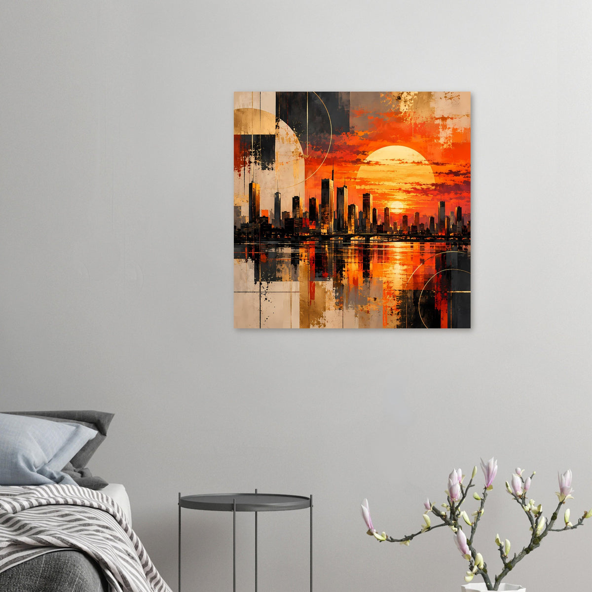 Kleines Poster mit abstrakter Skyline, orangefarbenem Sonnenuntergang und Wasserreflexion