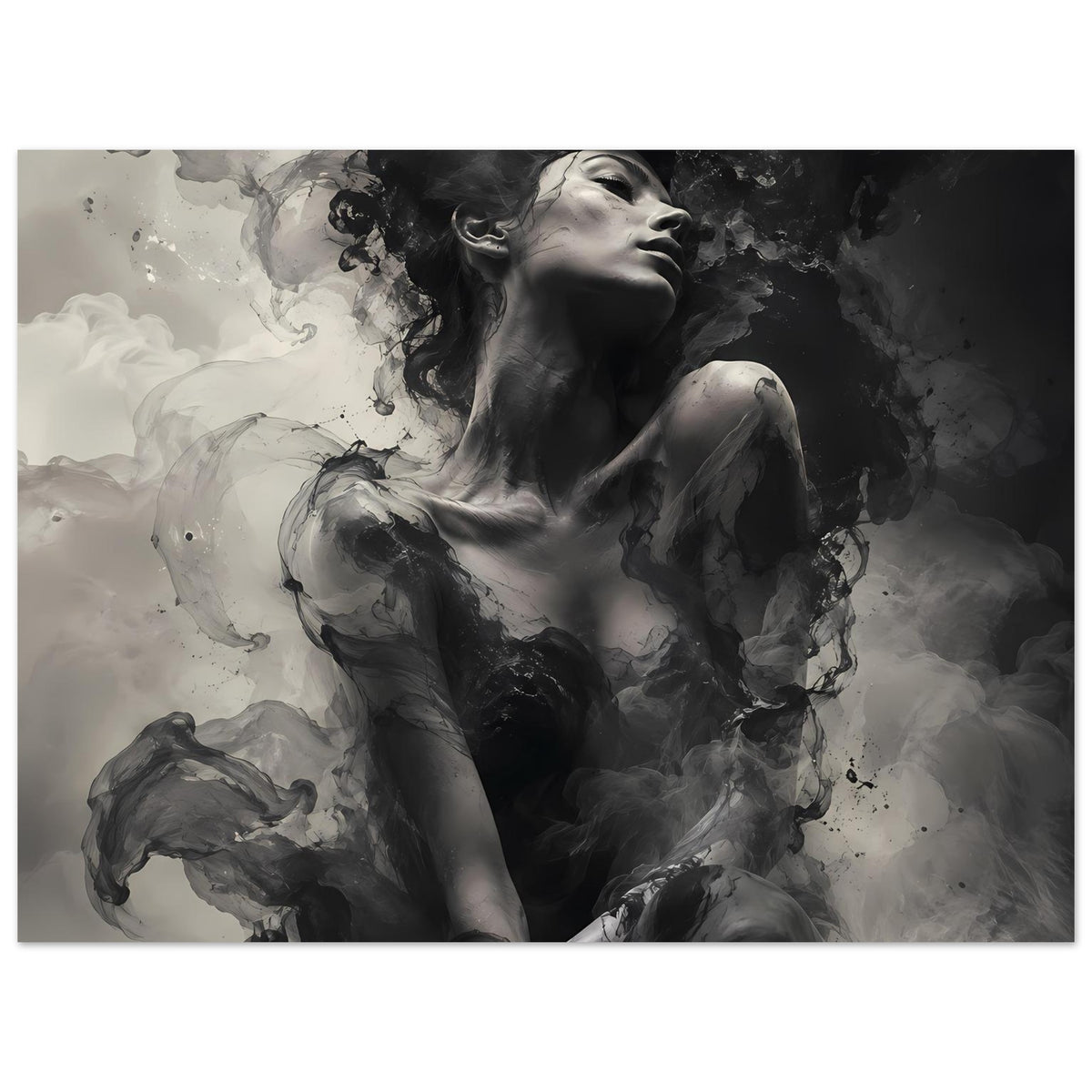 Monochromes Kunstposter im Querformat mit Frauenporträt, gelocktem Haar und Tintenwirbeln