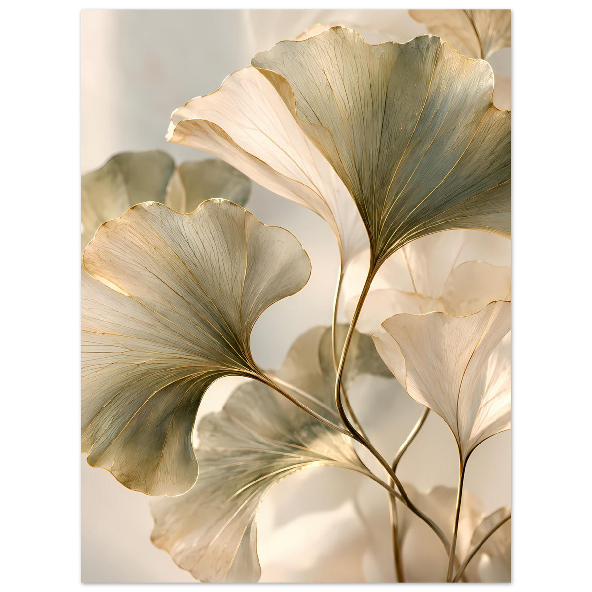 Botanisches Blätterposter: große Ginkgo-Blätter in Creme, Goldadern und grünem Blattton