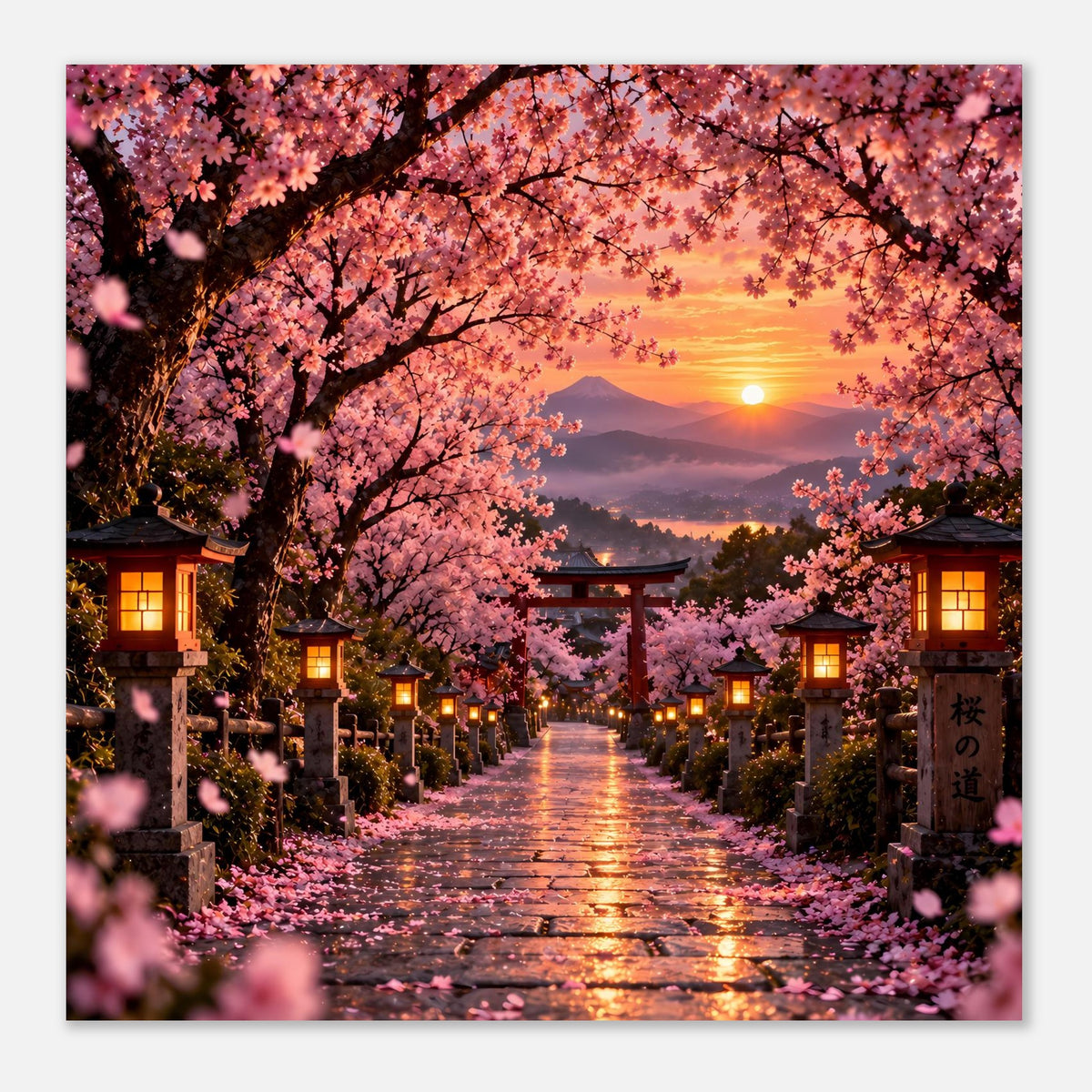 Sakura-Kirschblütenweg Poster mit Torii-Tor, Laternen am Weg, pink blühende Bäume