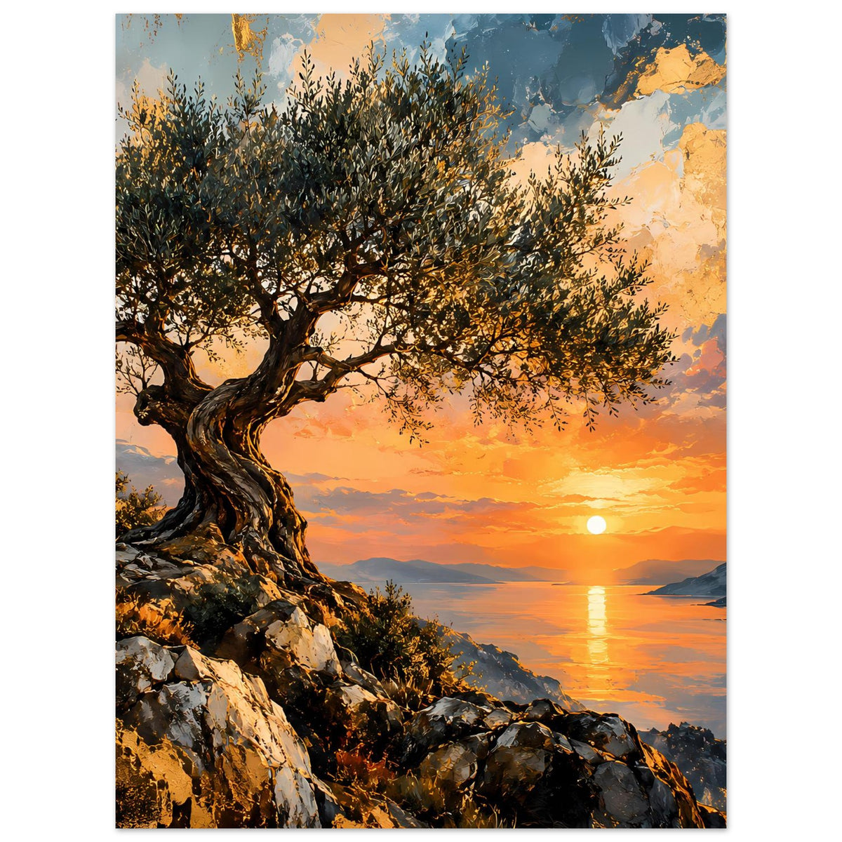 Poster im Hochformat mit Olivenbaum und warmem Sonnenuntergang über der Bucht