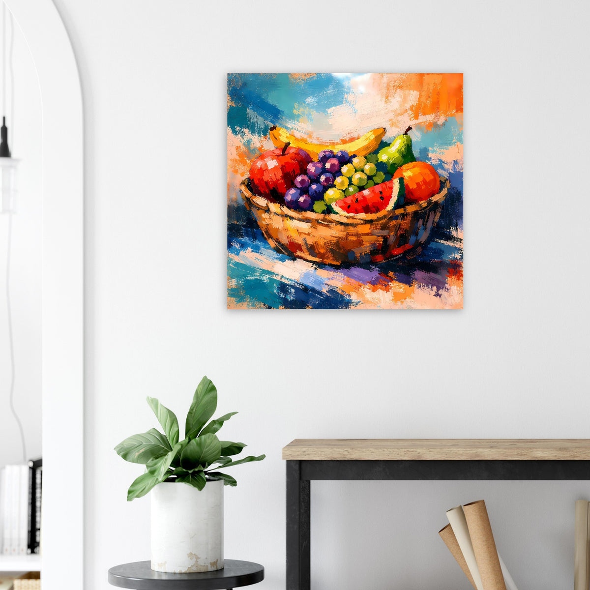 Poster mit Früchtekorb-Malerei: farbige Früchte in Schale, kräftiger Farbauftrag