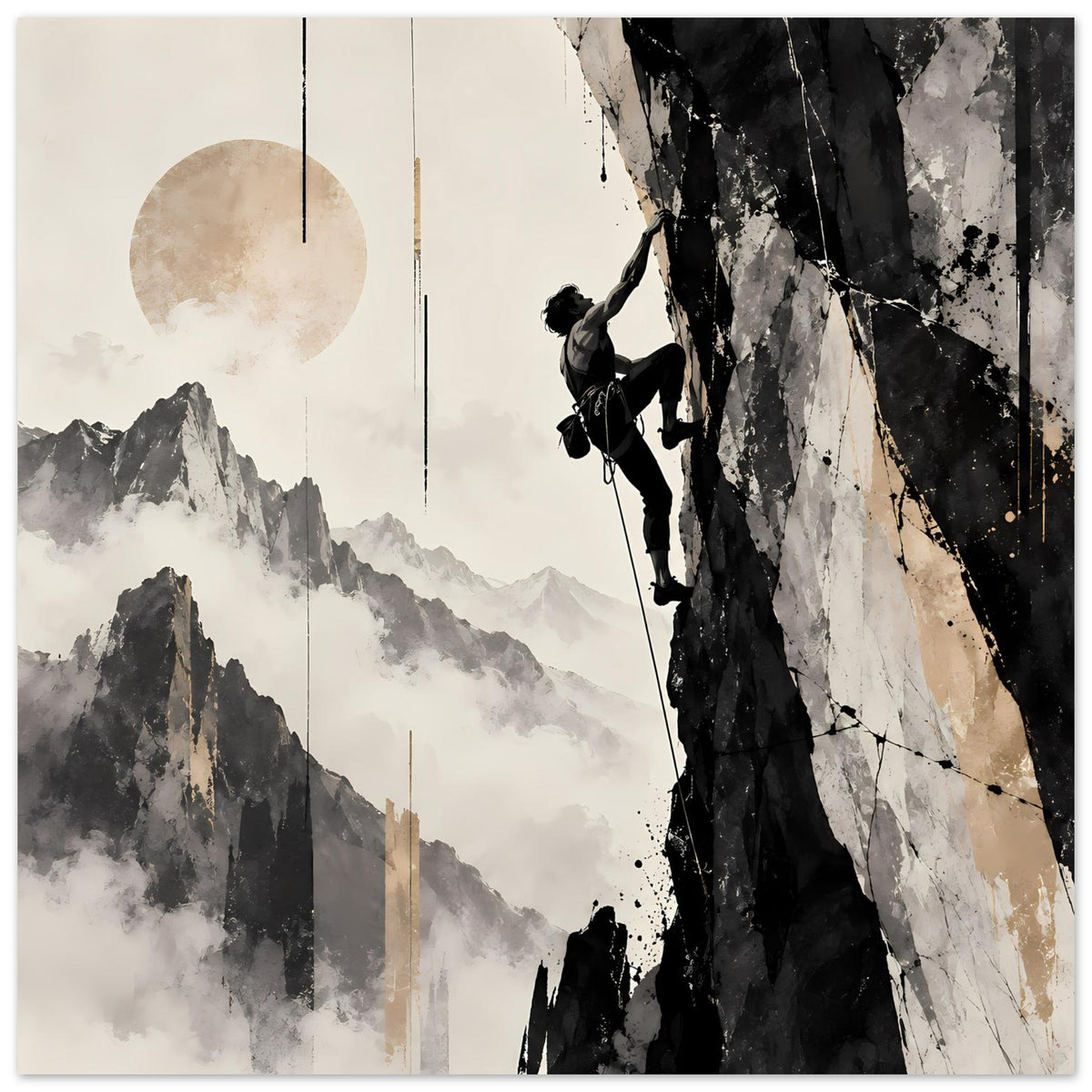 Poster im Vertikalschnitt: Bergsteiger am Fels vor nebligen Bergbergen