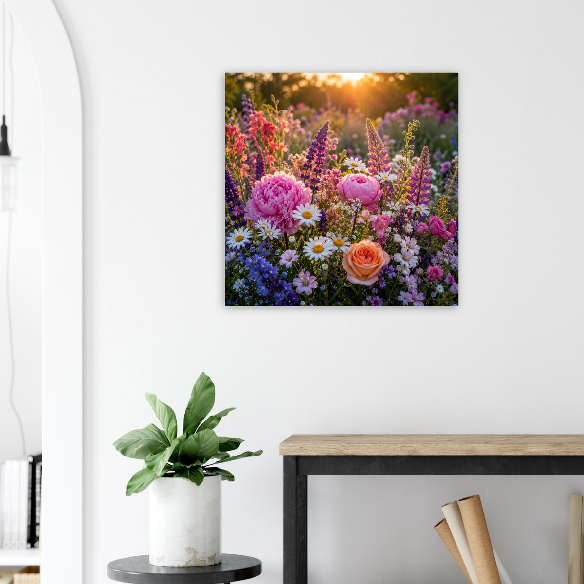 Blumenmeer-Poster mit farbenfrohem Blumenmeer und goldenem Licht, schwarz gerahmt
