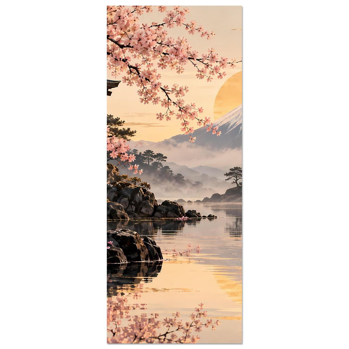 Wandposter im Hochformat: Kirschblüten, Berg Fuji und See mit orangefarbener Abendstimmung