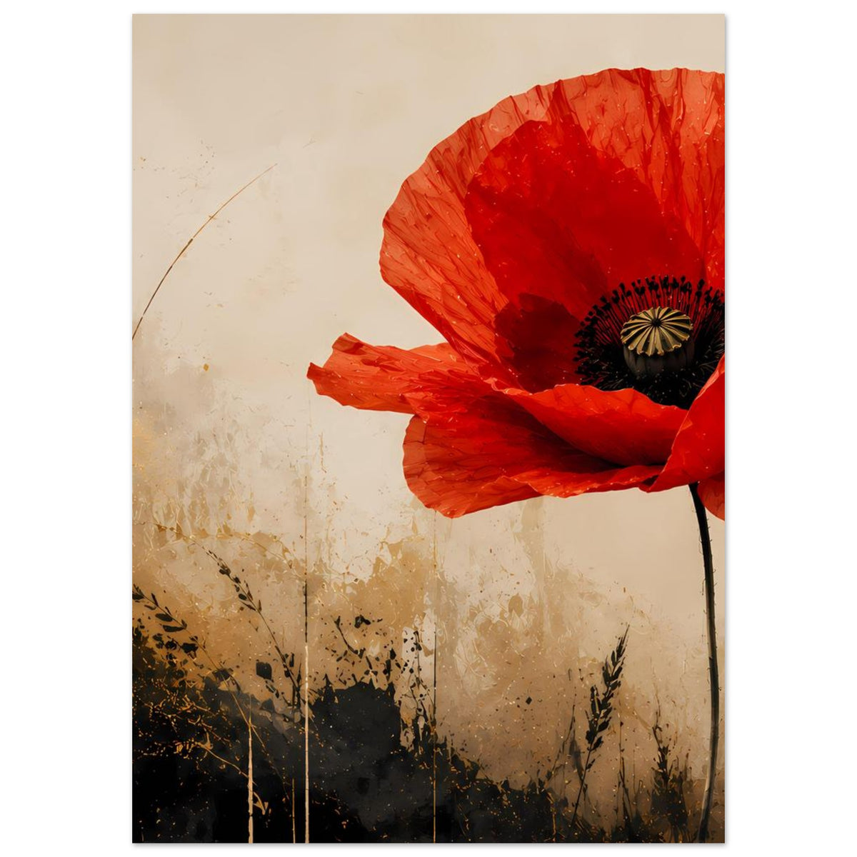 Poster mit roter Mohnblüte, schwarzem Blütenkern und stilisierten Gräsern am unteren Rand