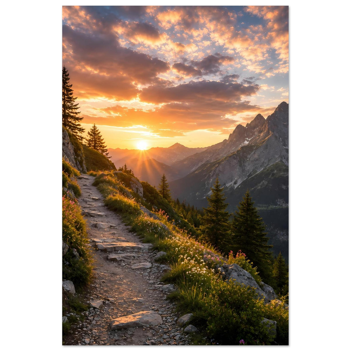 Hochformatiges Landschaftsposter mit Bergpfad, Tannen und Sonnenaufgang über den Felsen