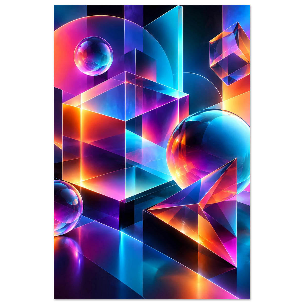 Neon-Poster mit 3D-Würfel-Landschaft, großen Kugeln und farbigen Lichtverläufen
