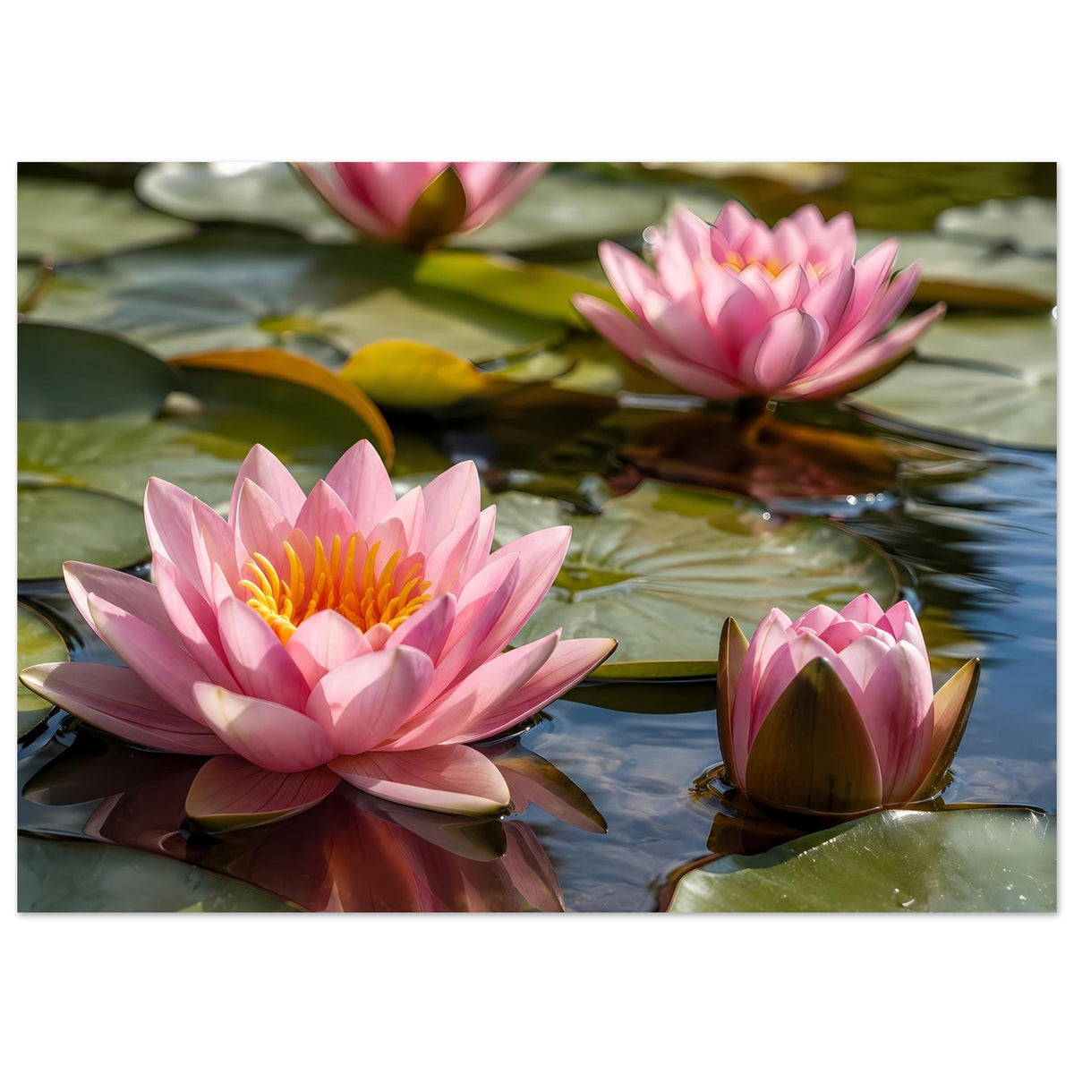 Wandposter mit drei rosa Seerosen auf Wasserflächen und großen grünen Blättern