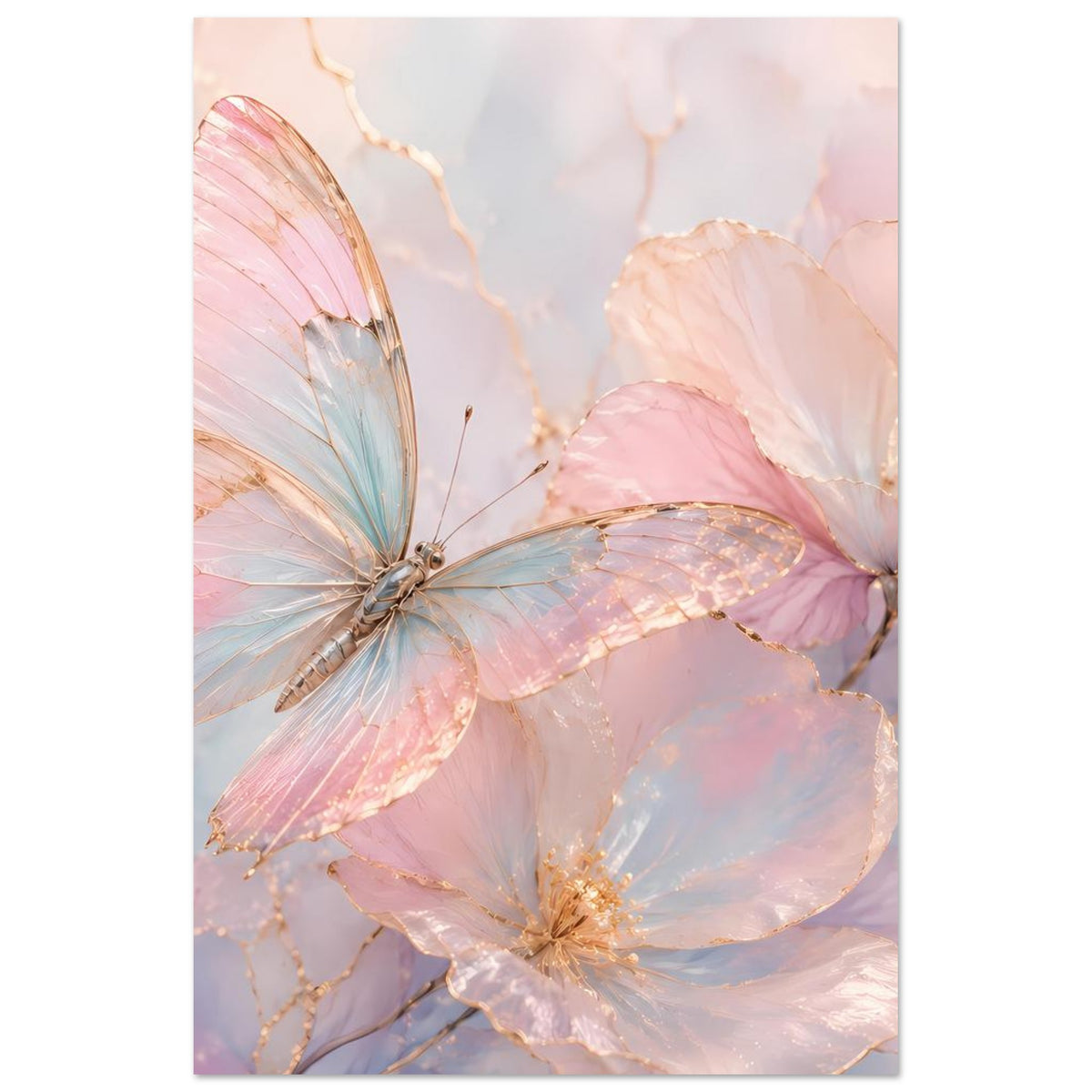 Vertikales Aquarell-Poster mit Schmetterling und Blüten in Rosa, Blau und Gold