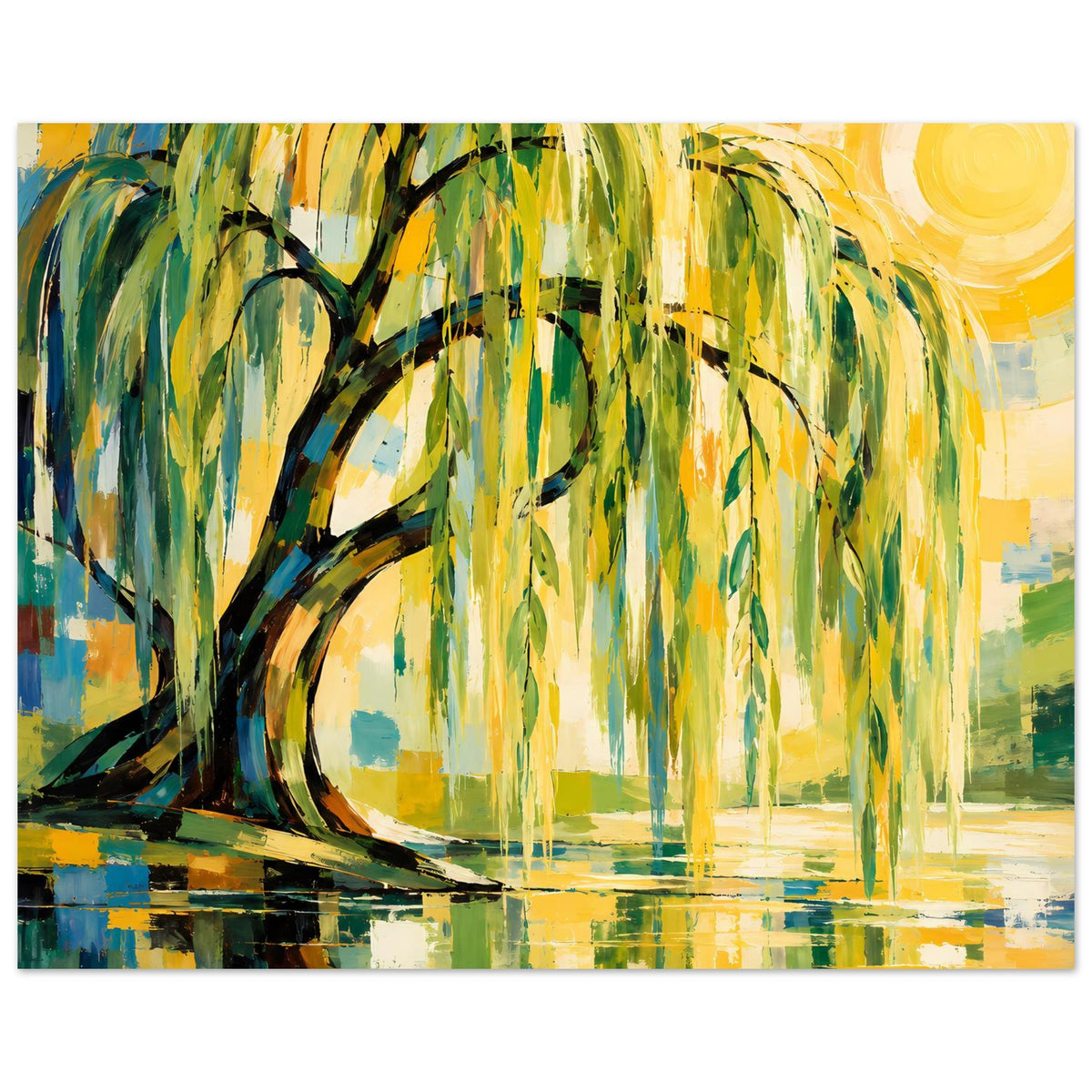 Querformat-Poster im Detail: Weidenbaum mit grün-gelben Tropfenstrichen und Sonnenkreis