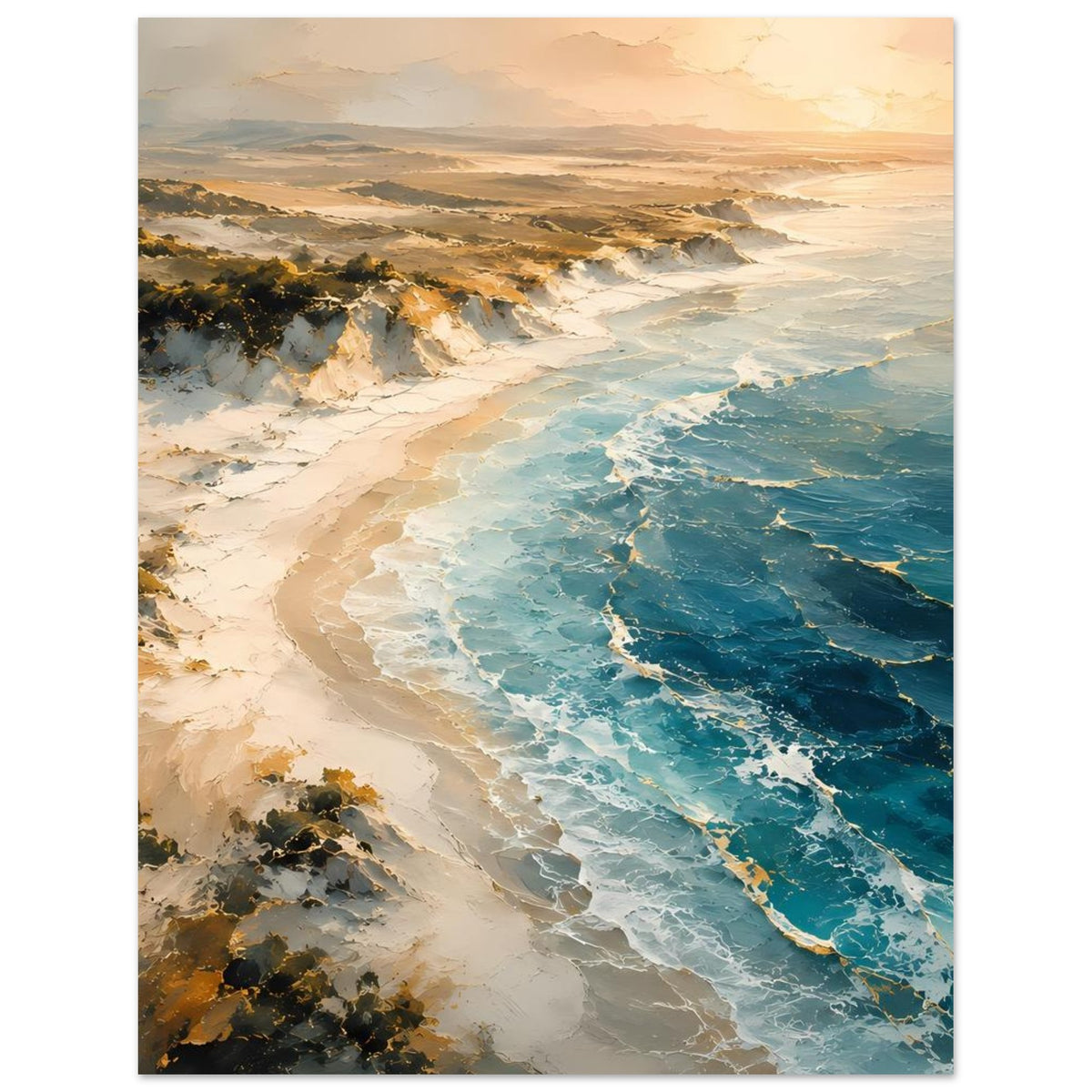 Meerstrand-Poster: Sandstrand und türkisblaues Meer mit welligem Wasserverlauf