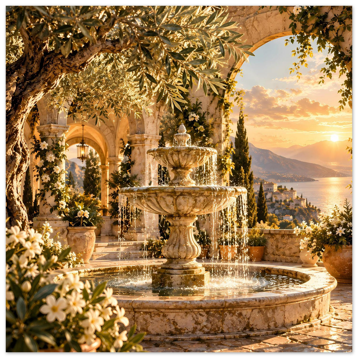 Hochformat-Poster: Springbrunnen mit goldenen Blättern und Blumen im Vordergrund