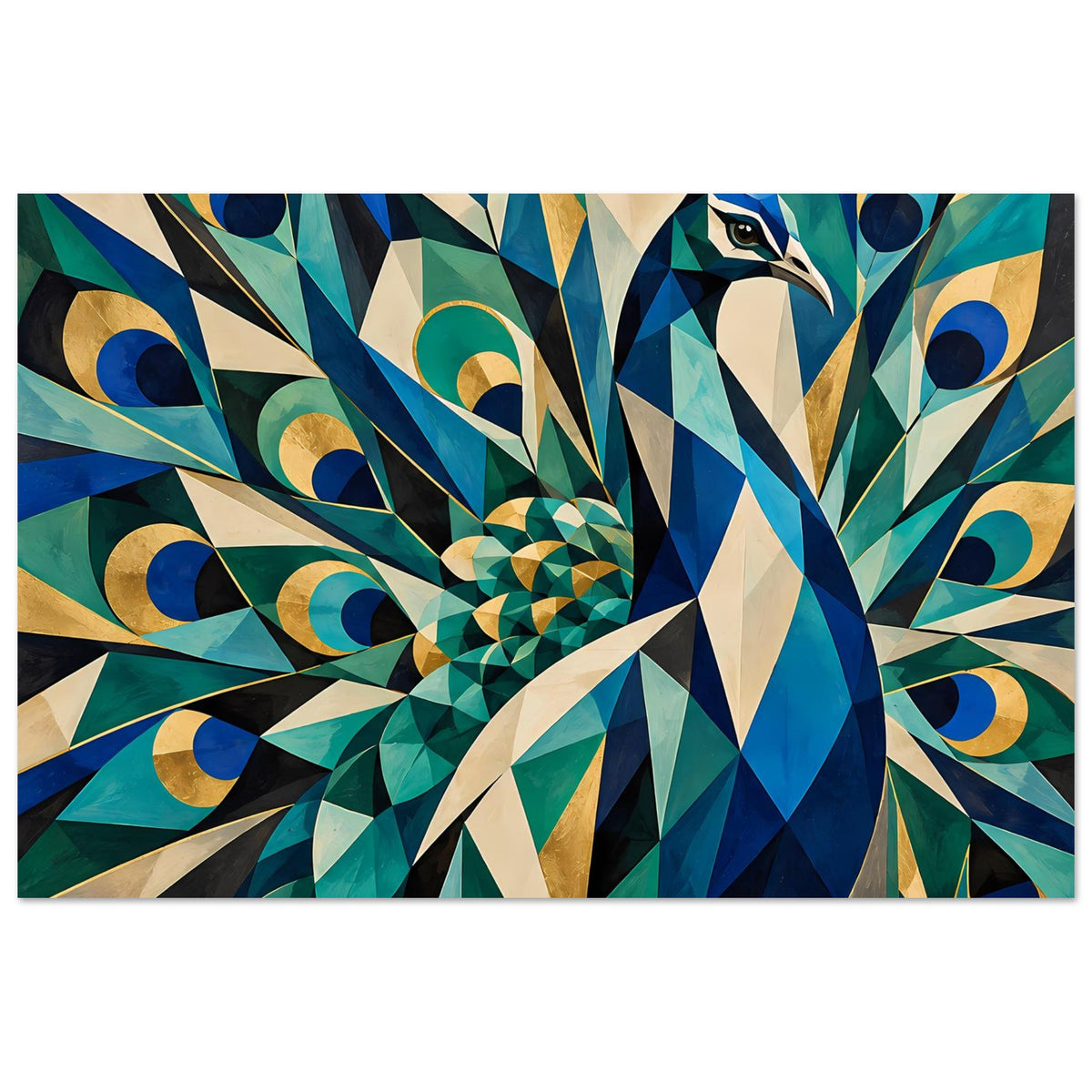 Geometrisches Pfau-Poster, Blick auf Fächerfedern in Grün, Blau und Gold