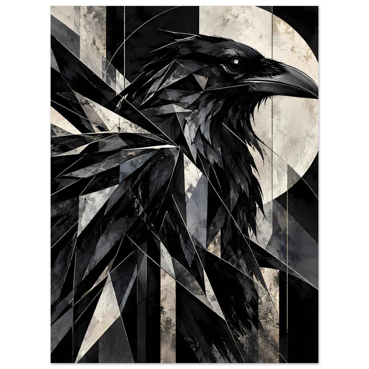 Kunstposter mit geometrischem Raben in Schwarz-Weiß, Rabenkopf in Dreiecken, Hochformat