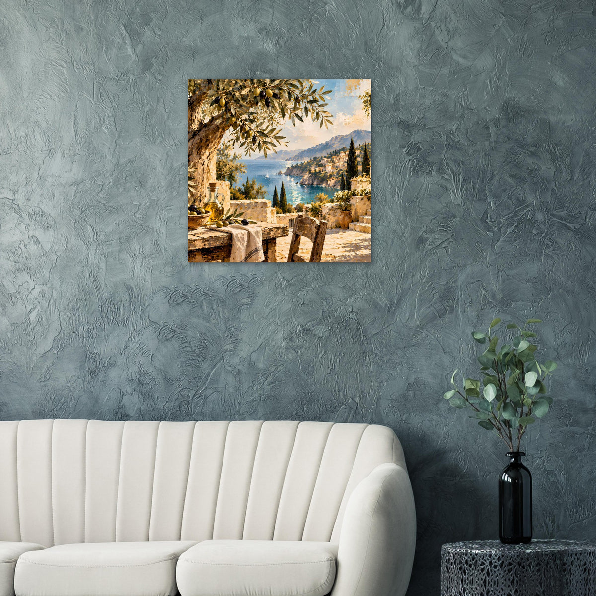 Quadratisches Poster auf mattem Papier: Panorama am Meer, Palmenzweige, felsige Aussicht