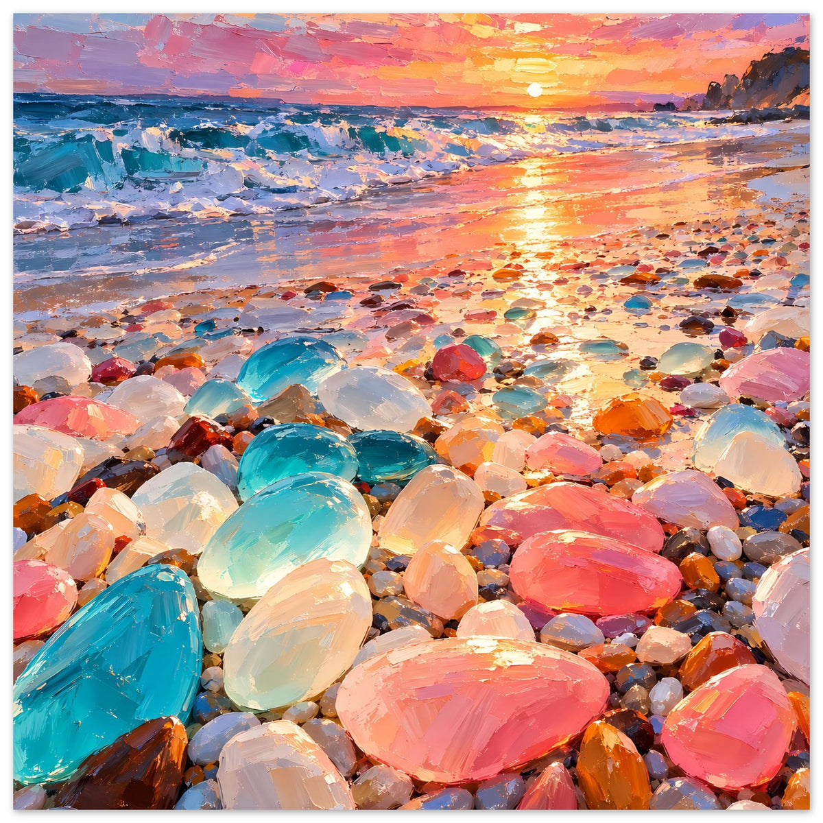 Poster mit Sonnenuntergang am Strand, Nahansicht vieler bunten Glassteine