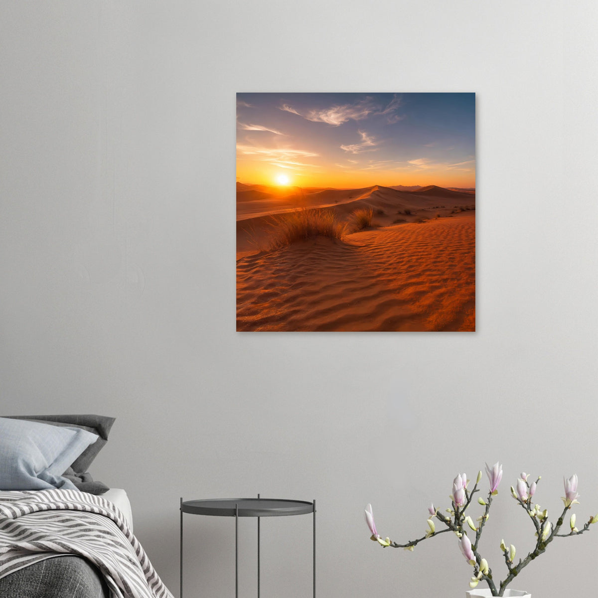 Quadratisches Poster mit Sonnenuntergang über Sanddünen, goldene Dünen und Himmel