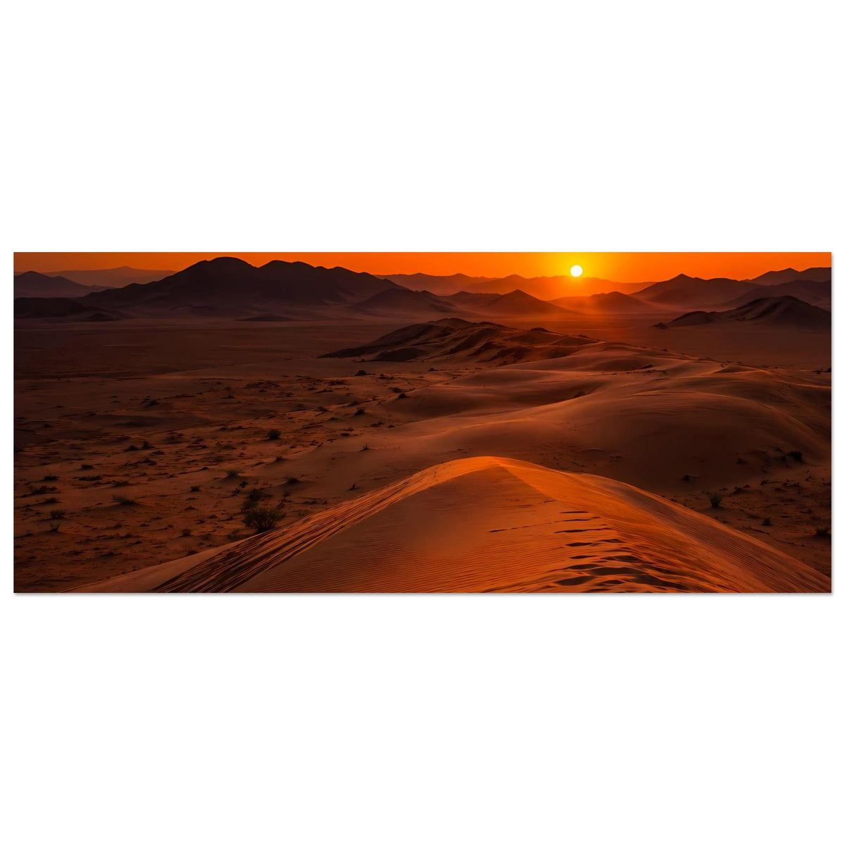 Wüstenlandschafts-Poster mit Sonnenuntergang, weite Sanddünen und orangefarbener Himmel, querformat