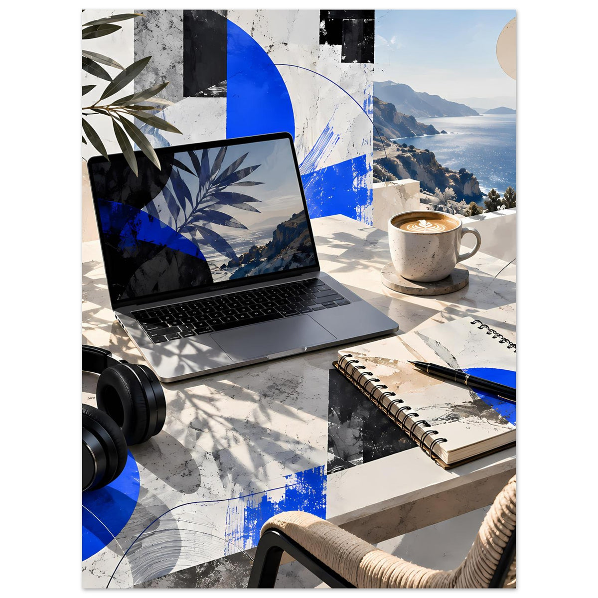 Küstenposter mit blauem Abstractmotiv, Meer- und Bergkulisse, Laptop und Tasse