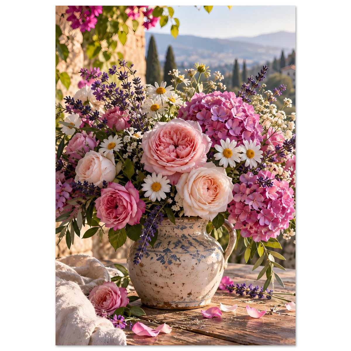 Blumenposter mit großem Pfingstrosenblütenkopf und weiteren Wildblumen in Vase