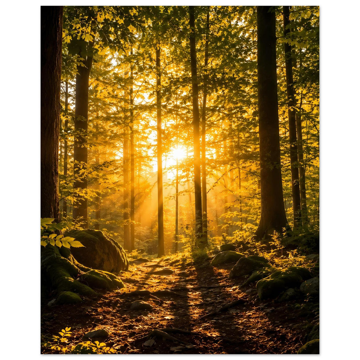 Waldposter mit kräftigen Sonnenstrahlen, gerader Pfad im goldenen Licht