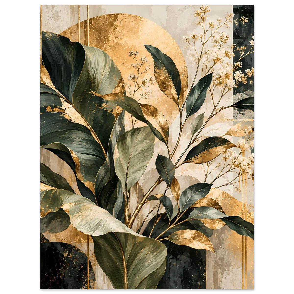 Hochformat-Poster mit viel Grün und Beige, goldenen Sprenkeln und Blütenzweigen