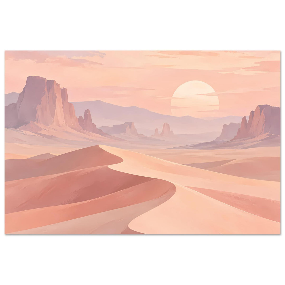 Horizontales Poster mit Sanddünenlandschaft, fernen Bergen und runder Halbsonne