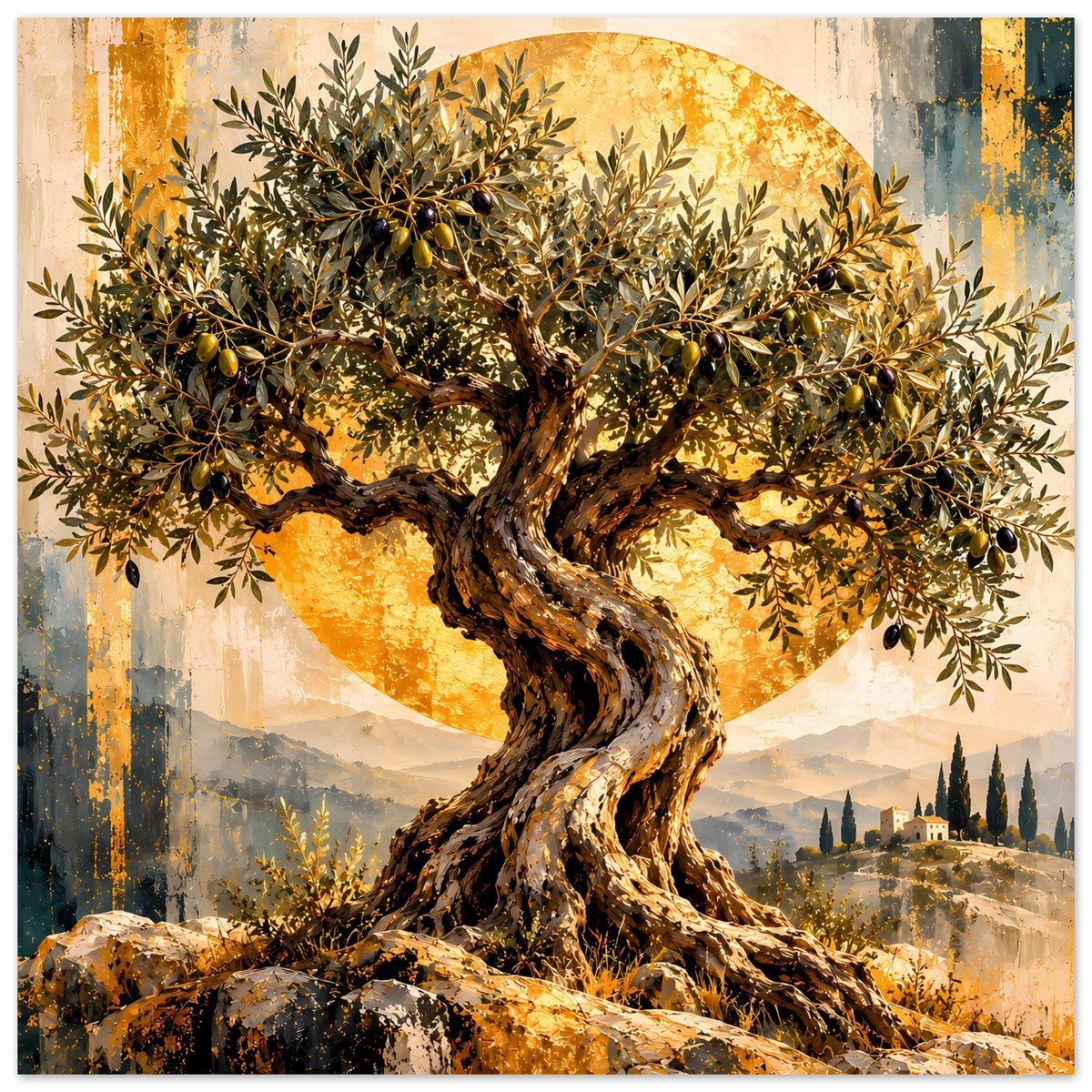 Olivenbaum-Poster (quer) mit goldenen Zweigen, verdrehtem Stamm und Landschaft im Hintergrund