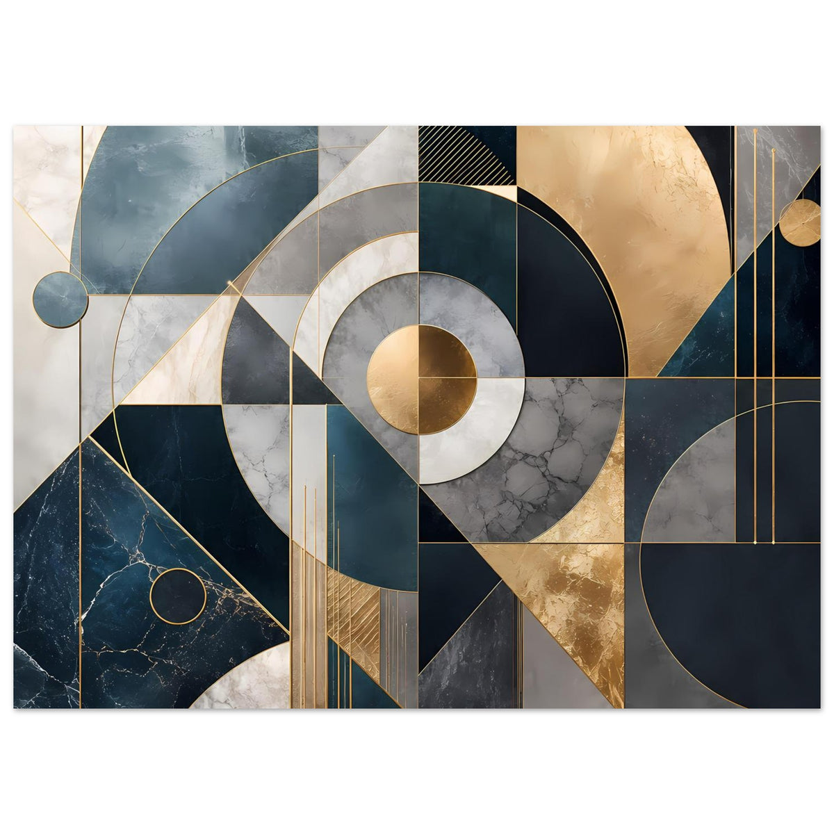 Abstraktes Kunstposter im Querformat mit Kreisen, Rechtecken und Goldlinien in Blau/Grau