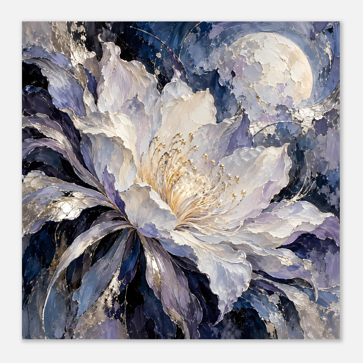 Quadratisches Poster mit abstrakter Blüte in Blau, Violett und Weiß, goldene Fäden